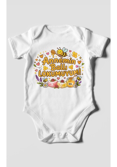 Morivokids Annemin Ballı Lokumuyum Kısa Kollu Bebek Body %100 Pamuk Beyaz