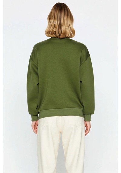 Benerly Kadın Bisiklet Yaka Düşük Kol Regular Kalıp Örme Sweatshirt Fonks Haki
