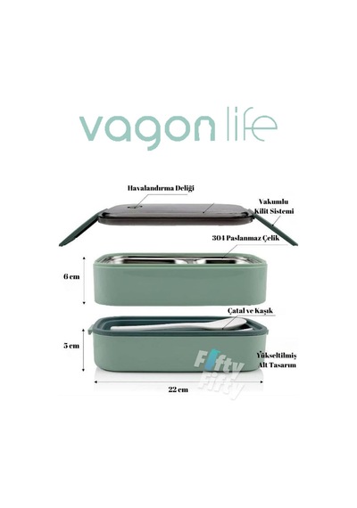 Vagonlife İki Kat Üç Bölme Paslanmaz Çelik Bento Lunch ffbl50002 1400 ML