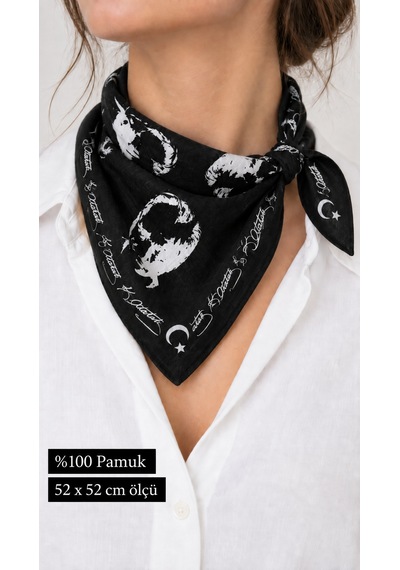 Herşeynota Atatürk Silüetli Siyah Pamuk Fular 52x52 Cm Bandana Okul, Etkinlik, Tören, Gösteri Çok Renkli