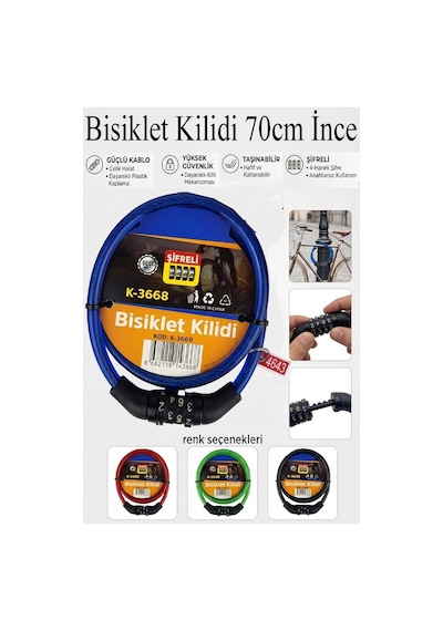 Şifreli Bisiklet Kilidi 70 Cm İnce 1 Adet K-3668 Çelik Halat Plastik Kaplamalı Bisiklet Kiliti Scooter Kapı Şifreli Mavi