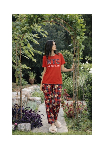 Rindahomewear Kadın Milan Ekose Ayıcık Desenli Kısakol Pijama Takımı Kırmızı3