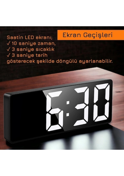 Ayrex Upway Hd Led Ekranlı Aynalı Tarih Termometre Alarm Hediyelik Dijital Masa Saati Diğer