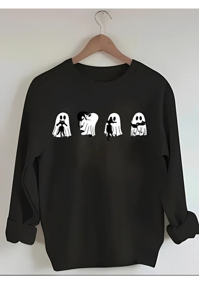 Halloween Tema Kalın Kışlık Sweatshirt - Siyah Bisiklet Yaka Oversize Sweatshirt Siyah