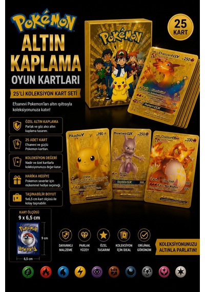 Pokemon Altın Kaplama Oyun Kartları Koleksiyon Kart Seti 9x6,5 Cm