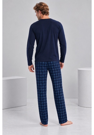 Pijamask Erkek Lacivert Baskılı Uzun Kollu Ekose Pantolon Pijama Takımı Lacivert