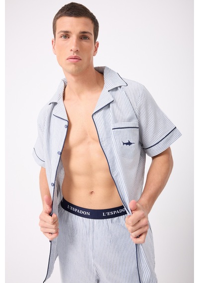 L'espadon Marısılk Seastrıpe Erkek Dokuma Yazlık Kısa Kollu Capri Pantolonlu Pijama & Lounge Takımı-3212 Mavi