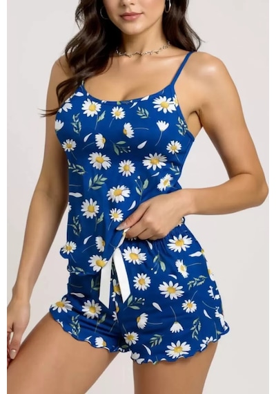 Papatya Desenli Mavi Askılı Şortlu Pijama Takımısaa