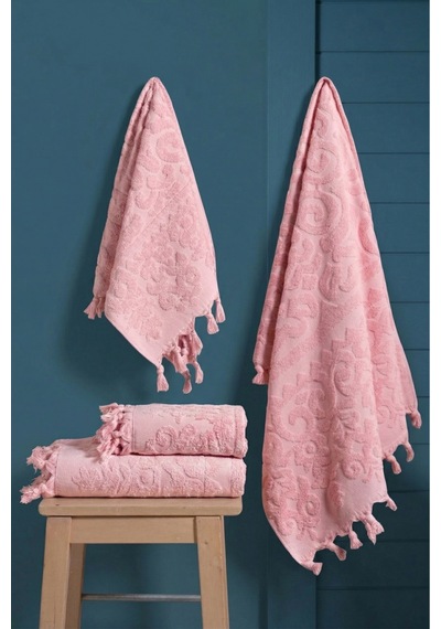 %100 Pamuk 2'li Bağlamalı Lüks, Jakarlı, Çeyizlik Banyo Havlu Seti 1 Adet 50x90, 1 Adet 100x150 Pudra Pembe