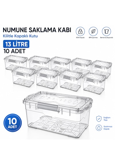 Numune Saklama Kabı 13 L - Kilit Kapaklı Kutu 10 Adet