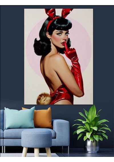 Ahşap Tablo Kırmızı Elbiseli Seksi Pin Up Kızı