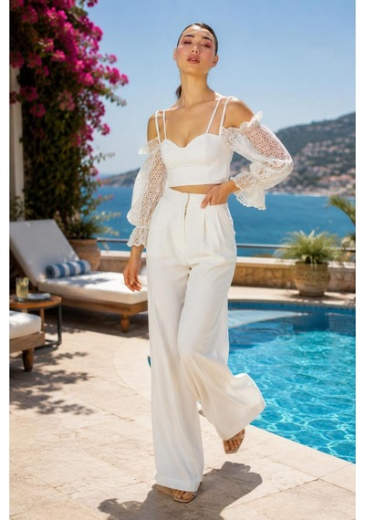 Wellway Ithal Crep Çizgili Kadın Bustiyer Crop-beyaz Beyaz