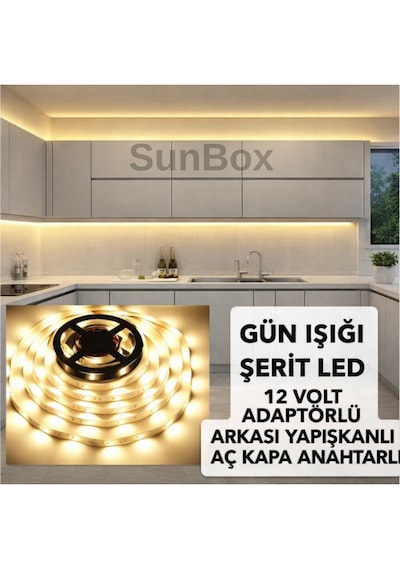 Şerit Led Mutfak Dolabı Tezgah Üstü Tv Arkası Tam Set Adaptörlü Butonlu 5 Metre Günışığı Gün Işığı 3000-3200K -Şeffaf