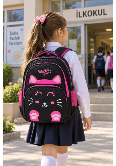 Nakışlı Kedi Siyah Pembe İlkokul Çantası Suya Dayanıklı Ortopedik Sırt Çantası 40x30x18 Cm Çok Renkli