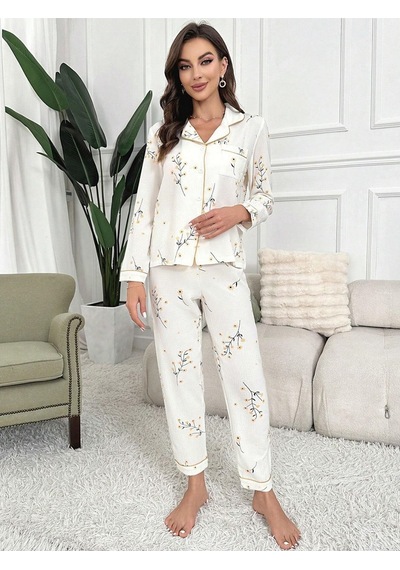 Bella Notte Çiçek Baskılı Cep Detaylı Düğmeli Günlük Uzun Pijama Takımı Sarı