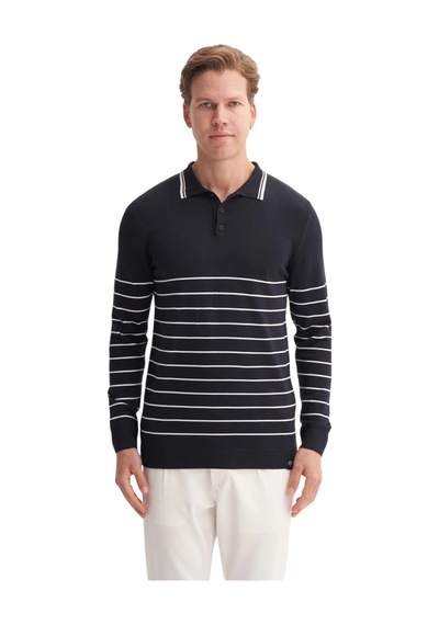 Cazador Slim Fit Viskon Dokulu Basic Çizgi Detaylı Polo Yaka Kazak-33020 Lacivert