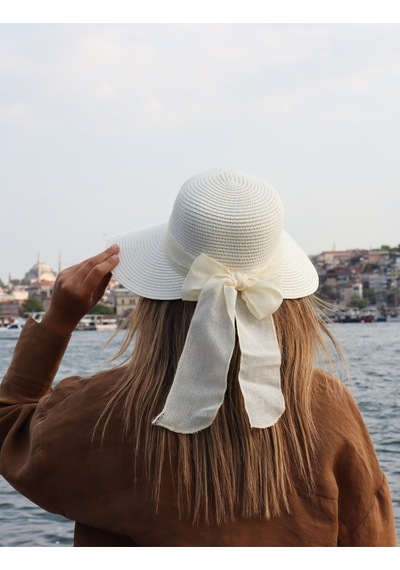 Uniquetrenders Kadın Organik Hasır Fiyonklu Şapka Ekru