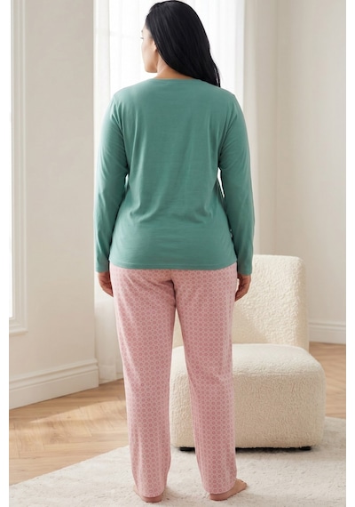 Siyah İnci Pamuklu Likralı Büyük Beden Battal Boy Örme Pijama Takım 26240935 Yeşil