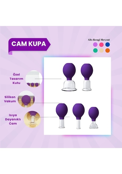 Silikon Vakumlu Cam Yüz Masaj Kupası 5'li Set Mor Çok Renkli