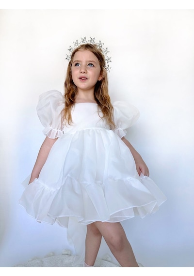 Linola Baby Kids Puffy Şifon Kız Çocuk Parti Elbisesi Ekru