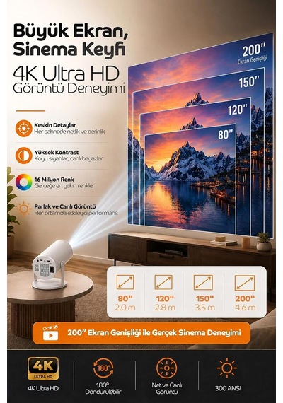 Taşınabilir 4k Android Projektör Wifi Bluetooth Destekli Akıllı Sinema Projeksiyon Cihazı Ekran Yansıtma