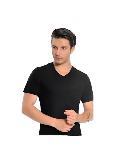 İki Yıldız Erkek Modal V Yaka Kısa Kol 3'lü Paket 3043 Siyah