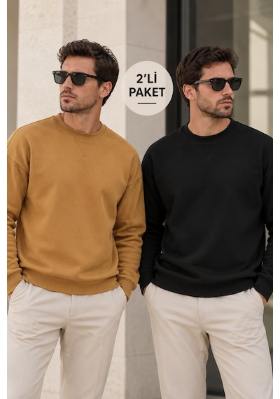 Polo State Erkek 2 Li Paket Bisiklet Yaka Basic Günlük Sweatshirt - Kahve & Siyah Kahverengi