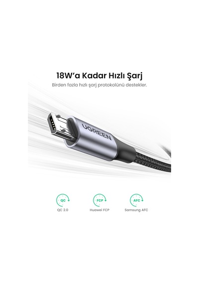 Ugreen Usb 2.0 A To Micro Usb Örgülü Hızlı Şarj Kablosu, 1m, Siyah, 60146