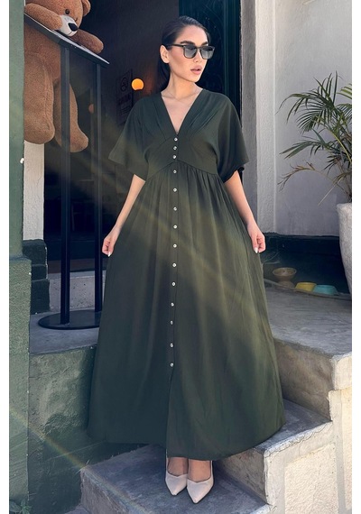 Madmext Haki V Yaka Düğmeli Elbise Mg2339 Haki