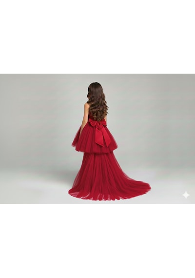 Star Kids Fashion Kız Çocuk Kırmızı Eteği Kuyruklu Saten Elbise , Kız Çocuk Mezuniyet Elbisesi ,abiye Elbise