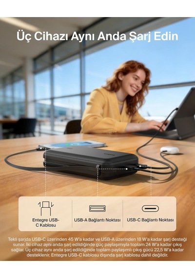 Ultracharge 20000 Mah Usb-c Kablolu Ve Ekranlı Power Bank, Siyah