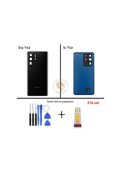 Samsung Galaxy S20 Ultra Siyah Renk Lensli Arka Kapak + Tamir Seti + B7000 Yapıştırıcı Arka Cam Batarya Kapağı Pil Kapağı Lazer Kesim Back Cover Galaxy S20 Ultra Uyumlu 48161381