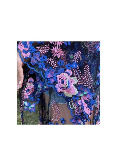Lila Mare Tül Üzeri Nakışlı Handmade Kimono Renkli Renkli