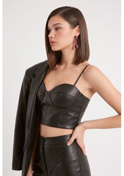 Cemo Deri İnce Askılı Büstiyer Crop Top Siyah