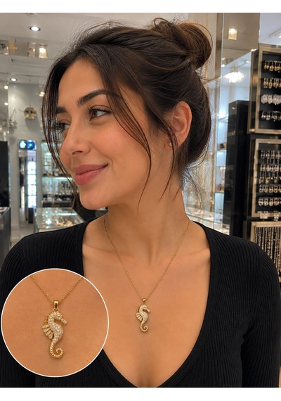 Denizatı Zirkon Taş Gold Çelik Kolye