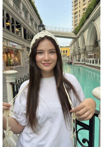 Mollycrush Krem Çiçek Motifli Örgü Hair Band Bağcıklı Yazlık Kadın Başlık Krem