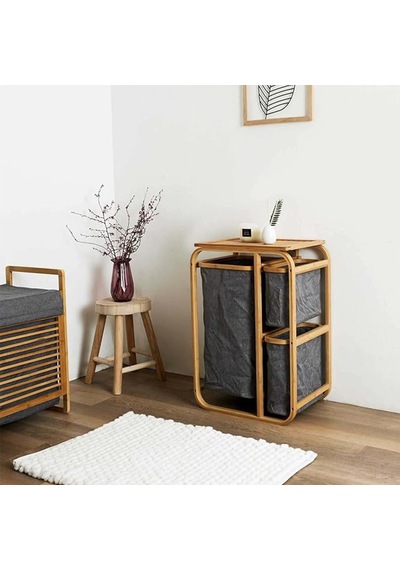 Ahşap Bambu 3 Bölmeli Çamaşır Sepeti 50x30x70 Cm Beyaz