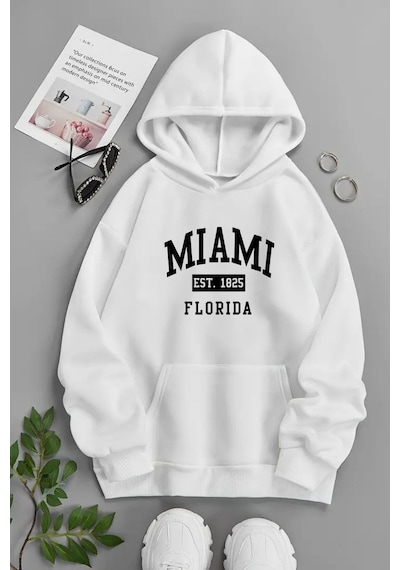Unisex Beyaz Kapüşonlu Sweatshirt Miami Florida ,baskılı Şardonlu Kalın Kumaş Beyaz