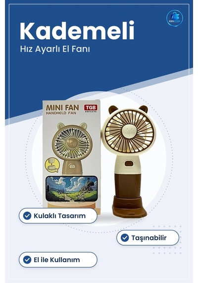El Fanı Kulaklı Mini Vantilatör Kademeli Hız Ayarlı Taşınabilir K