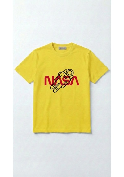 Unisex Düz Renk Nasa Dijital Baskılı Bisiklet Yaka Basic Tişört Sarı