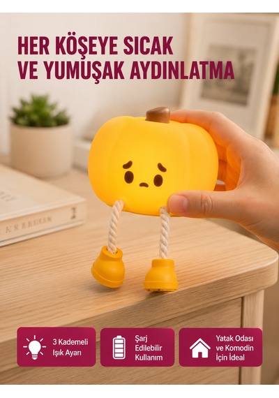 Pumpkin Led Night Light Dokunmatik Şarjlı Silikon Gece Lambası Yeni Nesil Sarı