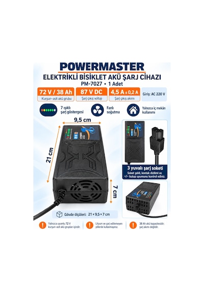 Powermaster 72v 38a Elektrikli Motor Bisiklet Şarj Cihazı Aleti Adaptörü Fanlı T-tipi T Kafalı 72 Diğer
