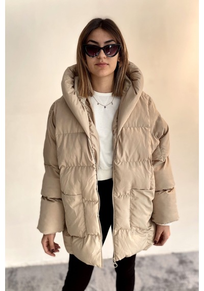 Nombre D'or1 Kadın Bej Kapüşonlu Oversize Şişme Mont Bej Bej