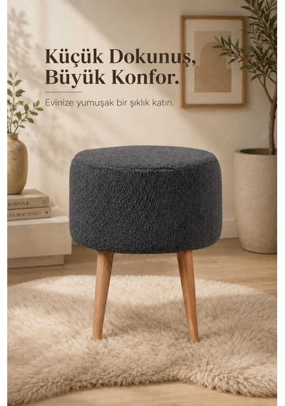 Pufly Peluş Çok Amaçlı Dekoratif Puf Koltuk Dekoratif Puf Ahşap Ayaklı Antrasit Puf Gri