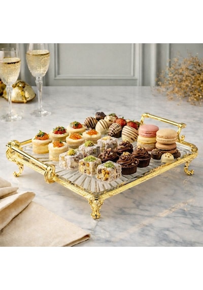 Royking 25 25 Cm Kare Gold Kenarlı Ayaklı Cam Servis & Sunum Tabağı Şık Ve Dekoratif Gold - Şeffaf