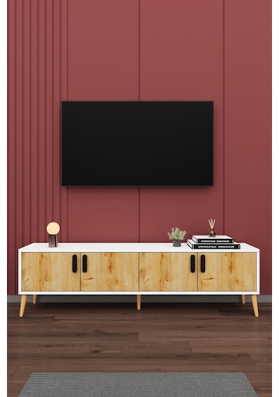 Asra Trend Tv Ünitesi T-02 %100 MDF 160 cm Tv Sehpası 4 Kapaklı Raflı Beyaz-Safir Meşe