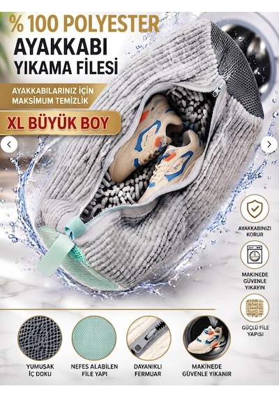 Ayakkabı Yıkama Çantası Özel Makarna Kumaş Fermuarlı Büyük Boy Mikrofiber Gri Renk Xl 40 X 20 Cm Çamaşır Filesi