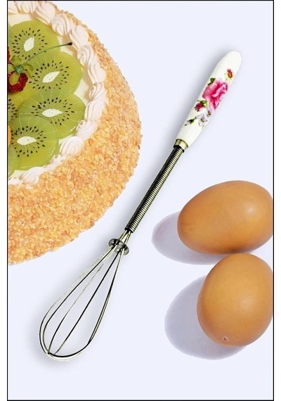 Mini Kahve Çırpıcı Porselen Saplı Süt Yumurta Çırpıcı 19 Cm Desenli Çırpıcı Tel Gümüş
