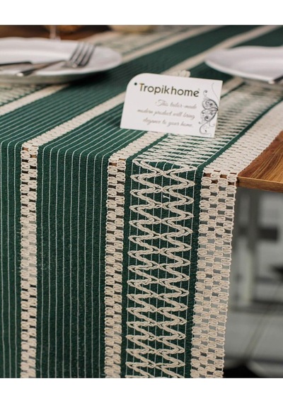 Tropik Home Pamuk Dantel Püsküllü Yeşil Runner, Sunum Örtüsü Dantel Bej 35x145 Cm Runner Masa Örtüsü Genel