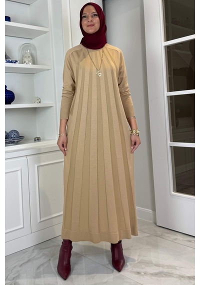 Rabia Şamlı Beyza Fitilli Triko Elbise Bej Normal